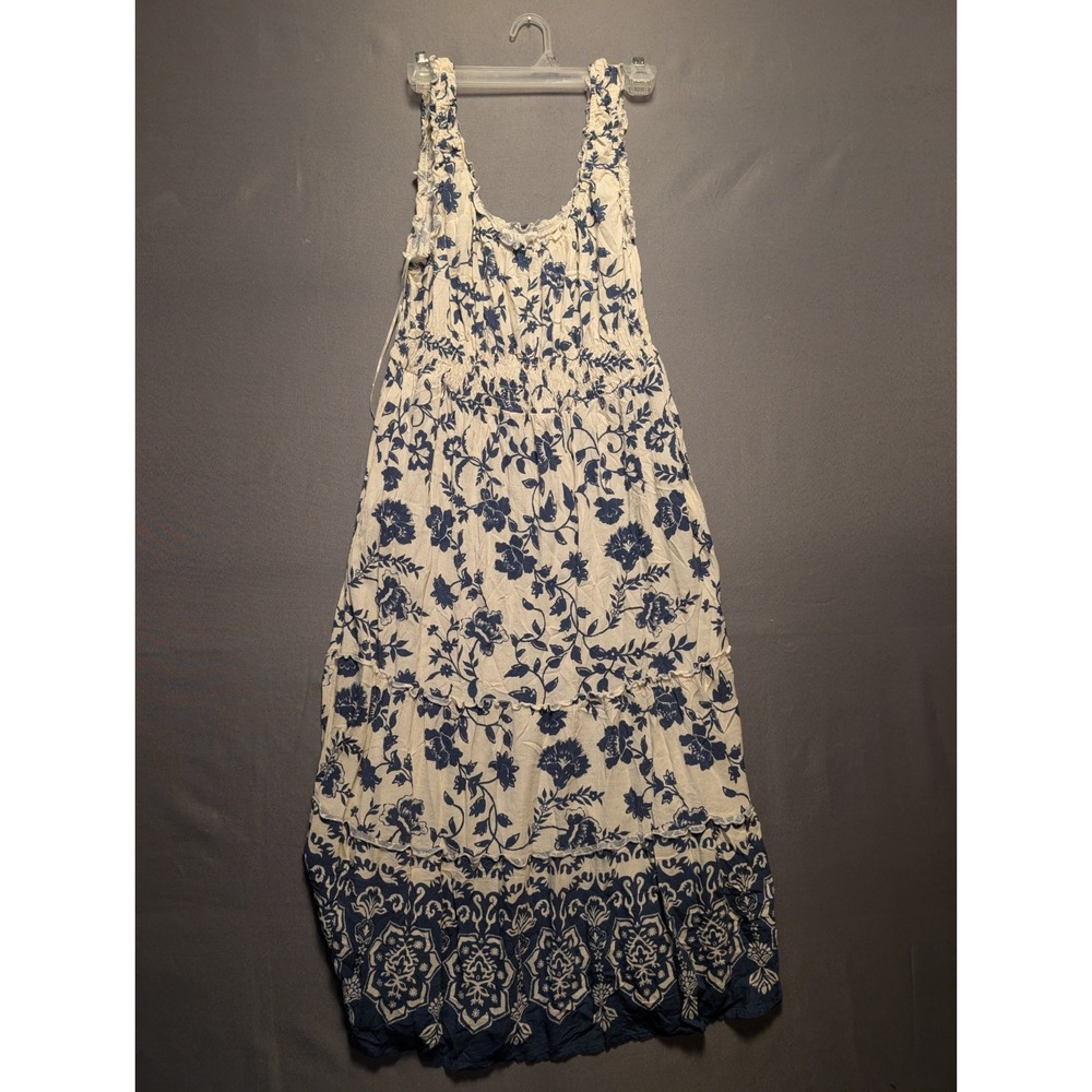 Lucky Brand Midi Dress Womens Large Blue White Floral Ruffle Trim Tiered Smocked